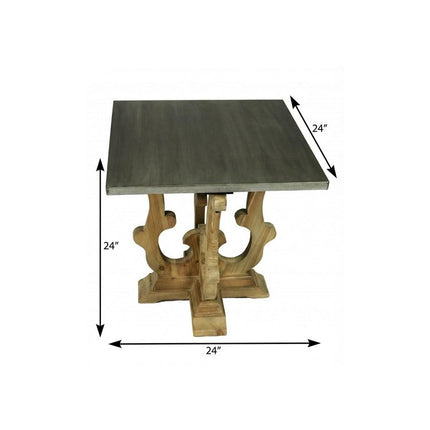 24" Natural Brown And Gray Metal And Solid Wood Square End Table