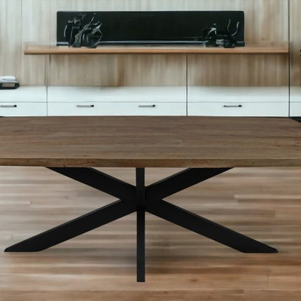 82" Natural And Black Solid Wood And Iron Pedestal Base Dining Table