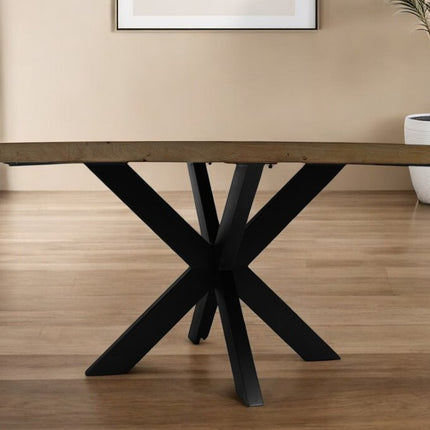 60" Natural And Black Rounded Solid Wood And Iron Pedestal Base Dining Table
