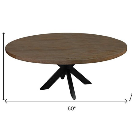60" Natural And Black Rounded Solid Wood And Iron Pedestal Base Dining Table