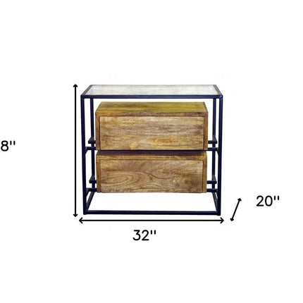 28" Natural Solid Wood and Glass Two Drawer Nightstand