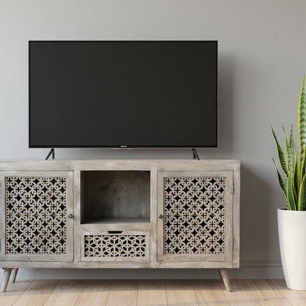 55" Gray Solid Wood Cabinet Enclosed Storage Worn TV Stand
