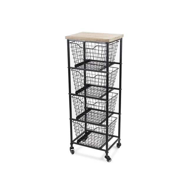 41" Black And Natural Metal And Wood Basket Storage Rolling Cabinet