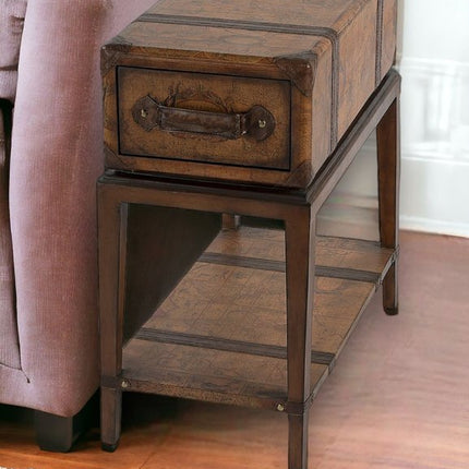 24" Brown Old World Map End Table With Drawer And Shelf