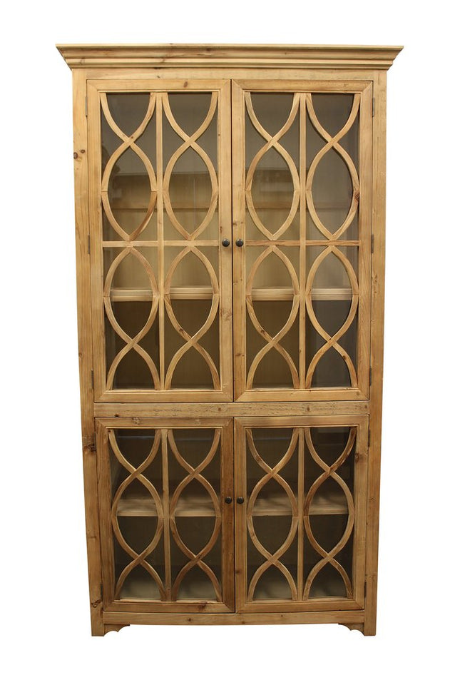 47" Natural Solid Wood Carved Geometric Accent Cabinet With Four Doors
