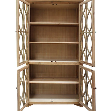 47" Natural Solid Wood Carved Geometric Accent Cabinet With Four Doors