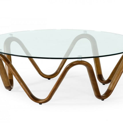 45" Clear and Brown Glass And Solid Wood Round Abstract Coffee Table