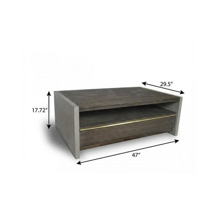 47" Brown and Dark Gray Solid Wood And Concrete Block Coffee Table With Drawer And Shelf