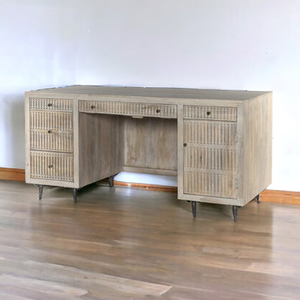 64" Ivory and Silver Solid Wood Executive Desk With Five Drawers