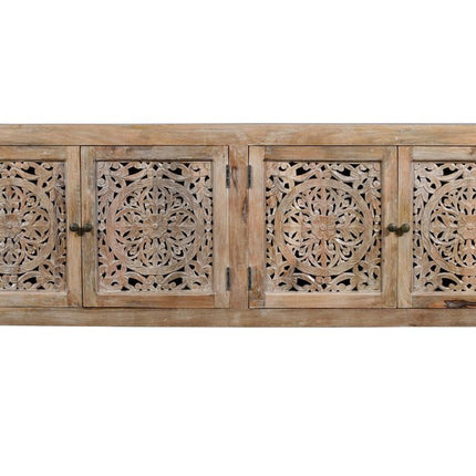 86" Natural Carved Floral Distressed Solid Wood Enclosed Storage TV Stand