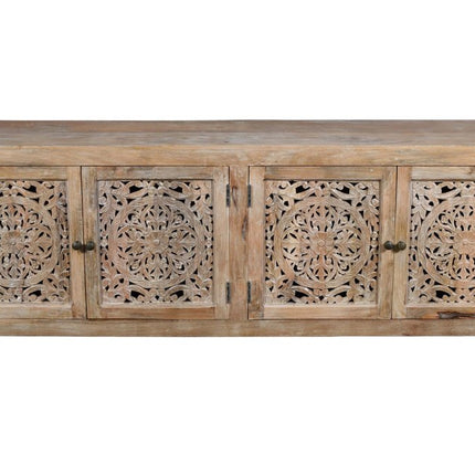 86" Natural Carved Floral Distressed Solid Wood Enclosed Storage TV Stand