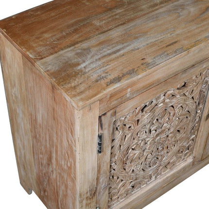 86" Natural Carved Floral Distressed Solid Wood Enclosed Storage TV Stand