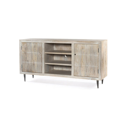 60" Ivory Carved Geometric Distressed Solid Wood Enclosed and Open Storage TV Stand