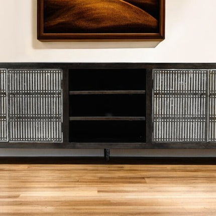 92" Dark Brown Carved Geometric Distressed Solid Wood Enclosed and Open Storage TV Stand