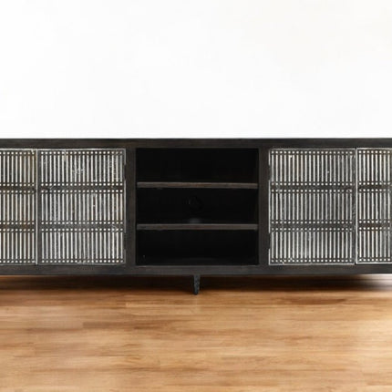 92" Dark Brown Carved Geometric Distressed Solid Wood Enclosed and Open Storage TV Stand
