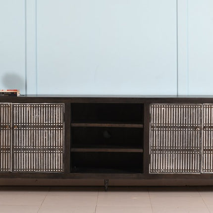 92" Dark Brown Carved Geometric Distressed Solid Wood Enclosed and Open Storage TV Stand