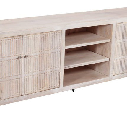 92" Ivory Carved Geometric Distressed Solid Wood Enclosed and Open Storage TV Stand