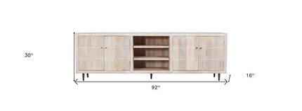 92" Ivory Carved Geometric Distressed Solid Wood Enclosed and Open Storage TV Stand