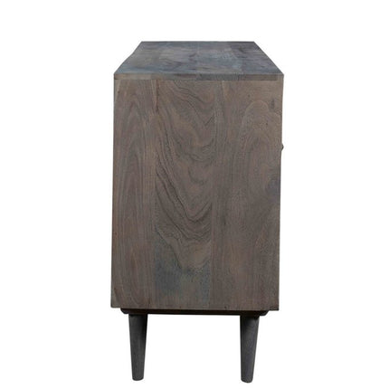 55" Dark Gray Carved Geometric Distressed Solid Wood Enclosed and Open Storage TV Stand