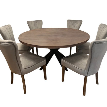 Seven Piece Gray and Black Round Solid Wood Dining Set with Six Chairs