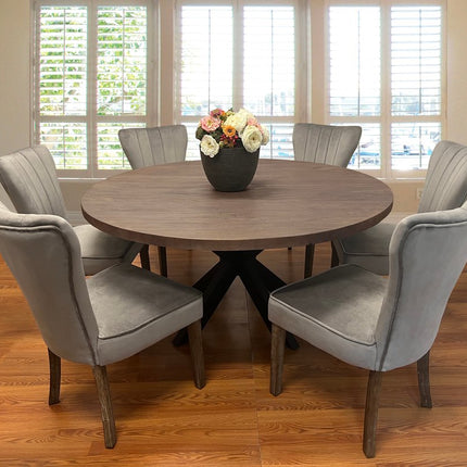 Seven Piece Gray and Black Round Solid Wood Dining Set with Six Chairs