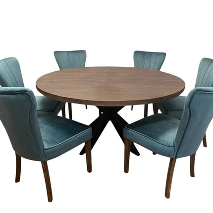 Seven Piece Gray and Black Round Solid Wood Dining Set with Six Chairs