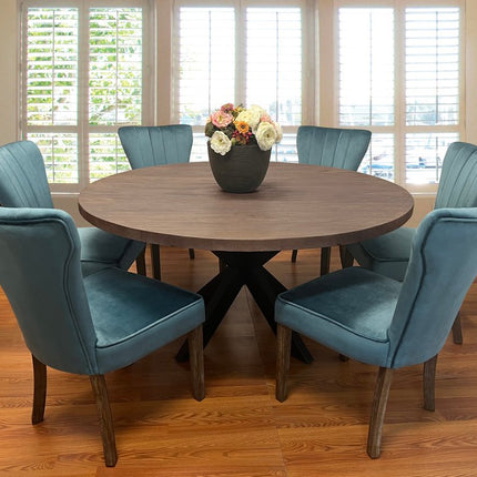 Seven Piece Gray and Black Round Solid Wood Dining Set with Six Chairs
