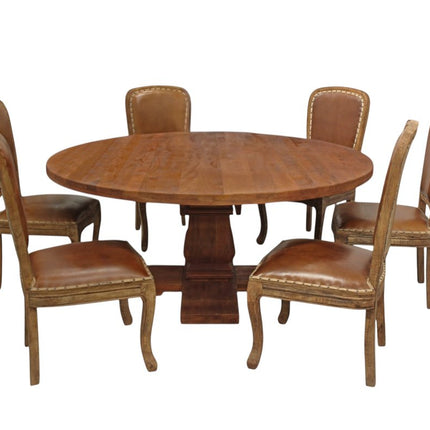 Seven Piece Brown Round Solid Wood Dining Set with Six Chairs