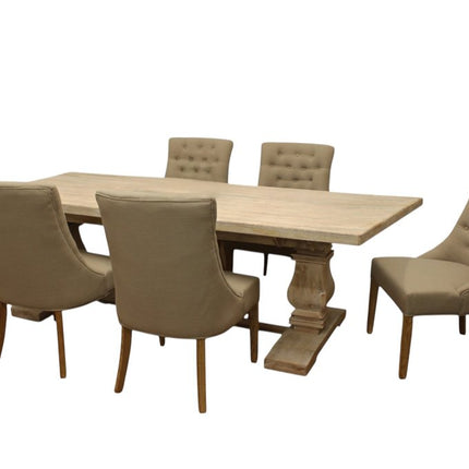 Seven Piece White Solid Wood Dining Set with Six Chairs