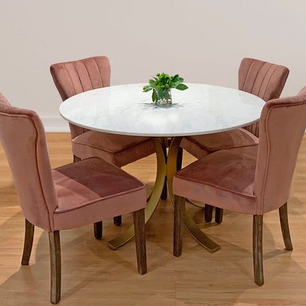 Five Piece Ivory and Gold Round Marble Dining Set with Four Chairs