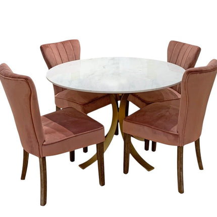 Five Piece Ivory and Gold Round Marble Dining Set with Four Chairs