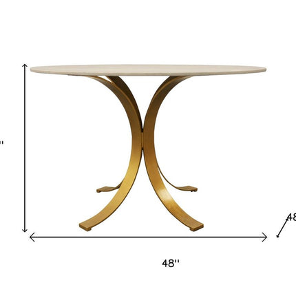 Five Piece Ivory and Gold Round Marble Dining Set with Four Chairs