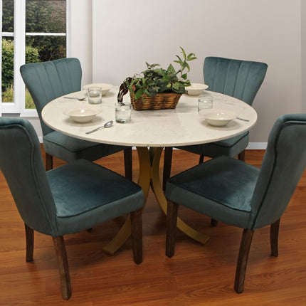 Five Piece Ivory and Gold Round Marble Dining Set with Four Chairs