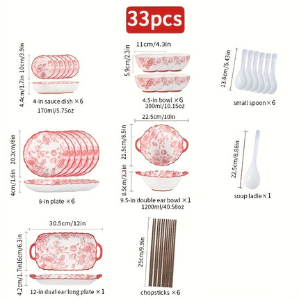 18/33/44pcs Set - Ceramic Tableware Set, French Retro, Red Rose Pattern, Wedding Gift, Can Hold Steak