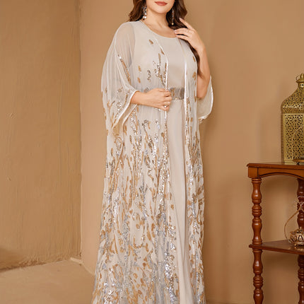 Plus Size, Plus Size Sequin Dress with Dual-Waist  Long Sleeve Train Maxi Gown, Elegant Formal Wedding