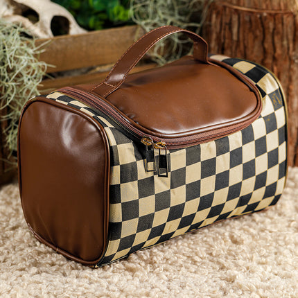 Black Checkered PU Leather Zipper Makeup Bag