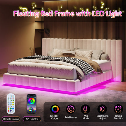 Bed Frame with Wide Headboard, Floating Platform, RGB LED Lights,