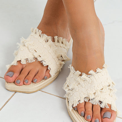 Beige Tassel Woven Crossed Straps Flat Slippers