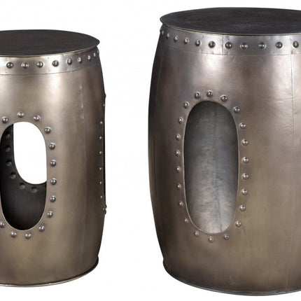 Set of Two Nickel Iron Round Drum End Tables