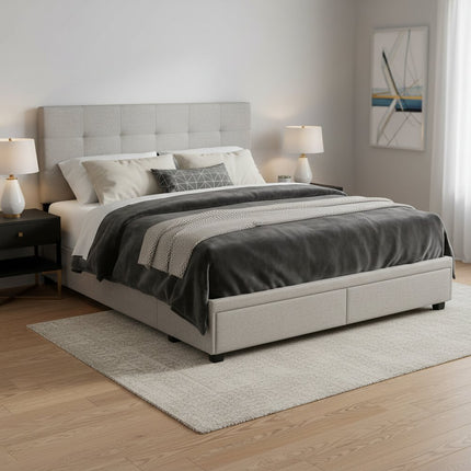 Gray Tufted Linen Upholstered Queen Bed Frame With Drawers