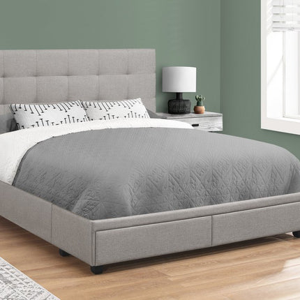 Gray Tufted Linen Upholstered Queen Bed Frame With Drawers