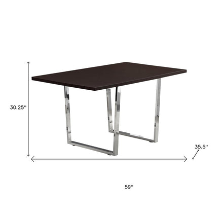 59" Espresso And Silver Solid Wood And Metal Sled Base Dining Table