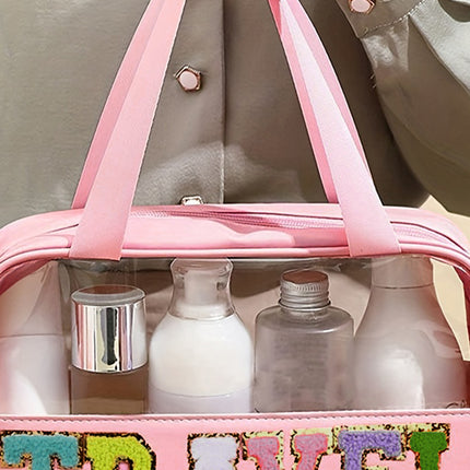 Light Pink TRAVEL Chenille Letter Clear PVC Makeup Bag