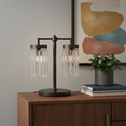 18" Black Iron Two Light Cylinder Bedside Table Lamp With Clear Cylinder Shade