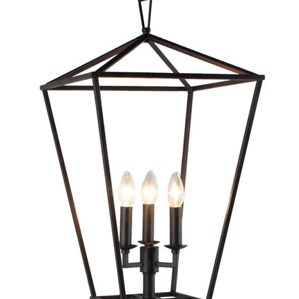 64" Black Three Light Floor Lamp With Black Geometric Shade