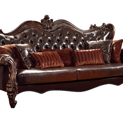 93" Brown Faux Leather Sofa And Toss Pillows With Burgundy Legs