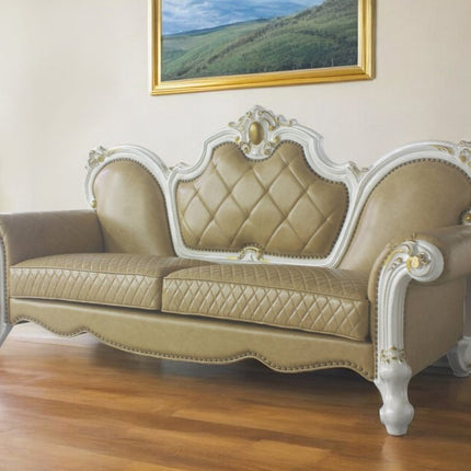 93" Golden Brown Faux Leather Sofa And Toss Pillows With Pearl Legs