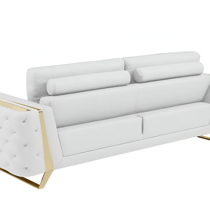 90" White Italian Leather Sofa With Gold Legs