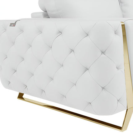 90" White Italian Leather Sofa With Gold Legs