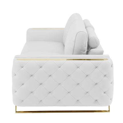 90" White Italian Leather Sofa With Gold Legs